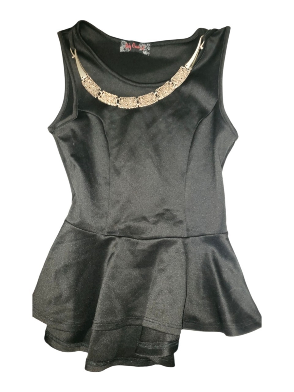 Black Poppy Black Peplum Tank Top with Gold Necklace Detail